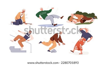 Old people fall down set. Senior men, women falling, slipping, sliding, stumbling by accident. Clumsy elderly characters falldown. Flat graphic vector illustration isolated on white background