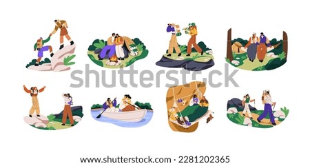 Hikers couples during nature adventure, travel with backpacks on summer vacation. People, friends hiking, trekking, camping, walking set. Flat graphic vector illustrations isolated on white background
