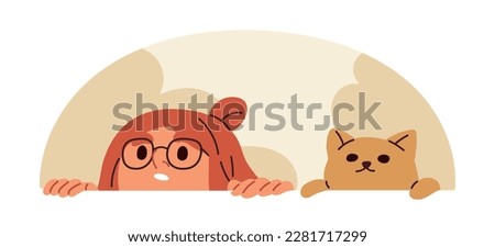 Funny woman and cute cat with peeping, peeking heads. Curious pet owner and feline animal, kitty looking up, watching, hiding behind wall. Flat vector illustration isolated on white background