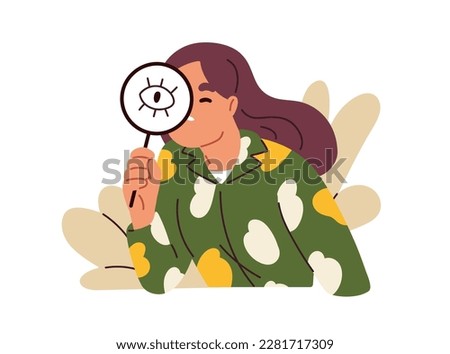 Person watching, observing with magnifier in hand. Character spying, looking with magnifying glass, lens. Search, explore, investigation concept. Flat vector illustration isolated on white background