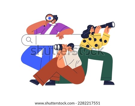 Web search, SEO, internet marketing concept. People customers, users browsing query online, looking for information in bar, surfing network. Flat vector illustration isolated on white background