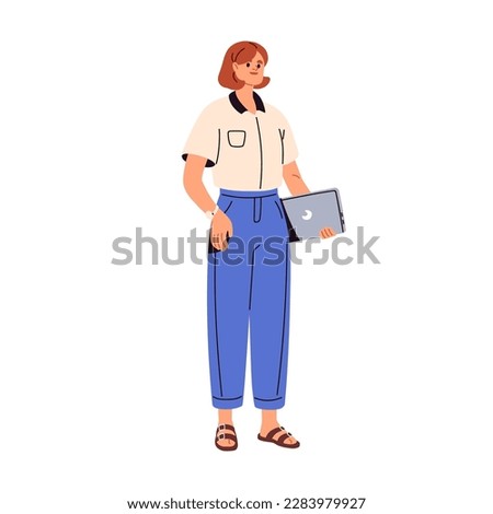 Young business woman with laptop in hands. Happy modern businesswoman standing, holding notebook computer. Smiling girl entrepreneur, expert. Flat vector illustration isolated on white background
