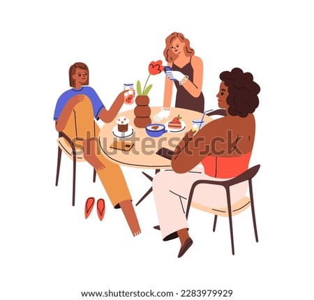 Young girls friends at table for desserts. Modern women sitting, talking, drinking, taking photo of food on phone. Weekend girlfriends gathering. Flat vector illustration isolated on white background