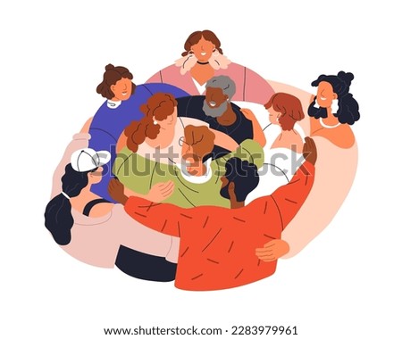 United community, people group hugging together. Support, peace, humanism concept. Supporting loving society. Supportive unity embracing together. Flat vector illustration isolated on white background