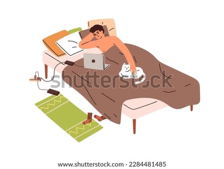 Person watching movie, series, lying in bed at home. Man relaxing with laptop computer, looking online videos, films, TV shows. Lazy time concept. Flat vector illustration isolated on white background
