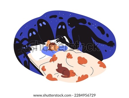 Nightmare, bad night horror dream concept. Scary monsters, creepy shadows around afraid frightened anxious woman in fear, sleeping in bed. Flat vector illustration isolated on white background