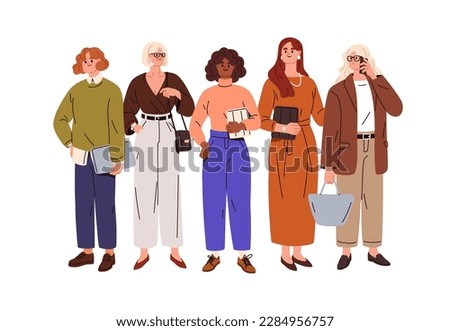 Business women, diverse female entrepreneurs. Businesswomen group standing in row. Stylish office workers, employees, corporate portrait. Flat graphic vector illustration isolated on white background