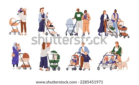 Parents with babies in prams set. Mothers, fathers walking with strollers, infants outdoors. Happy families, newborn kids in pushchairs. Flat graphic vector illustrations isolated on white background