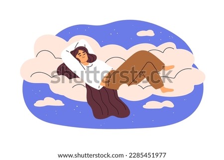 Happy woman sleeping on soft cloud. Girl lying, relaxing in sky, heaven, asleep. Healthy dream, rest. Relaxation, calmness concept. Flat graphic vector illustration isolated on white background