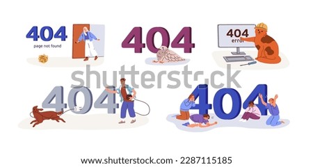 404 error page designs set. Web site problem, failure, website access denied concept. Unavailable webpage, inaccessible network mistake. Flat graphic vector illustration isolated on white background