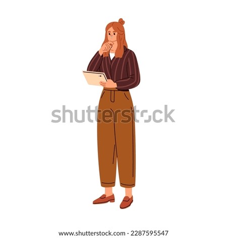 Modern businesswoman holding tablet PC in hand, thinking. Young thoughtful business woman, entrepreneur in fashion apparel. Female office worker. Flat vector illustration isolated on white background