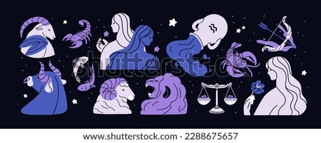 Zodiac symbols for astrology horoscope. Twelve astral constellation signs set. Modern-styled Capricorn, Gemini, Sagittarius, Scorpio, Leo, Libra and stars bundle. Isolated flat vector illustrations