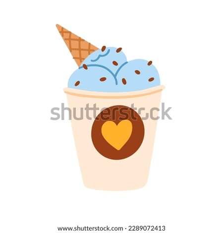 Ice-cream balls in takeaway paper cup. Cold frozen dessert, sweet dairy snack in cardboard mug, bucket. Icecream served, decorated with sprinkles. Flat vector illustration isolated on white background