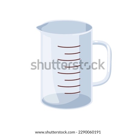 Cooking cup, measuring glass. Plastic jug, kitchen container for liquid volume measurement. Empty beaker, kitchenware, transparent mug. Flat cartoon vector illustration isolated on white background