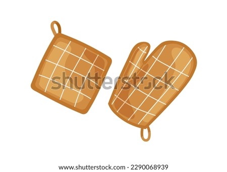 Oven glove and potholder. Bakers mitten for heat protection. Hot pot holders, mitt. Textile safety tacks, protective pads for baking, cooking. Flat vector illustration isolated on white background