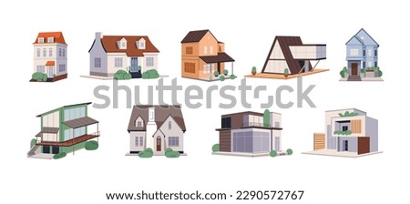 House exterior architecture. Home buildings facades set. Residential urban, suburban real estate in traditional and contemporary style. Flat graphic vector illustrations isolated on white background