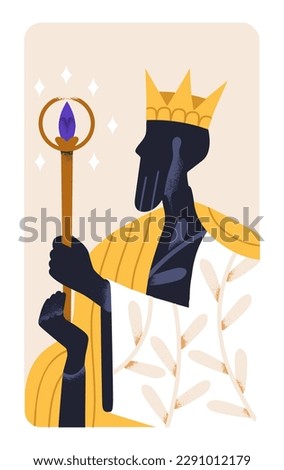 Crowned king majesty with magic wand stick, mystic esoteric power. Authority, royal noble energy concept. Monarch leader, abstract emperor card. Flat vector illustration isolated on white background
