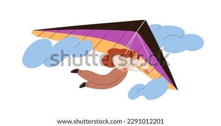 Business person flying. Businesswoman, office worker flies with hang glider in sky. Professional success, career growth concept. Flat graphic vector illustration isolated on white background