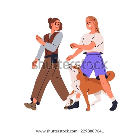 Dog owner, canine animal trainer walking, strolling with doggy, training obedience. Woman giving command to pass through legs with treat. Flat graphic vector illustration isolated on white background