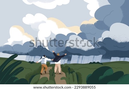 Weather change from rain, rainy clouds to clear sky with sun. Happy people in nature landscape, back view, walking with joy after shower, rainfall, cloudy heaven on horizon. Flat vector illustration