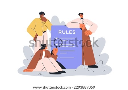 Business team reading corporate rules, company policy document. Office people studying regulatory compliance, instruction, guidance, terms list. Flat vector illustration isolated on white background