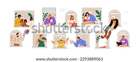 Neighborhood concept. Neighbors communication and mutual help. Different people in apartments, in home windows. Neighbourhood activity, support. Flat vector illustration isolated on white background