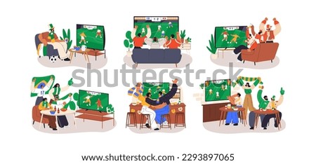 Happy sport fans watching soccer game match on TV. Friends gathering, supporting football team on television screen, celebrating goal. Flat graphic vector illustrations isolated on white background