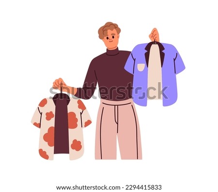 Person choosing clothes, shirt, deciding what to buy, wear. Man holding hangers with two different garments, apparel. Choice of outfit. Flat graphic vector illustration isolated on white background