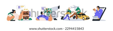 Travel and tourism concept set. Tourists booking accommodation, ordering tickets, planning trip route on map, itinerary, using online services. Flat vector illustrations isolated on white background