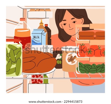 Person looking inside fridge. Woman opening, checking home refrigerator with food products, ingredients, choosing eating on shelf with varied snacks, turkey, vegetables. Flat vector illustration