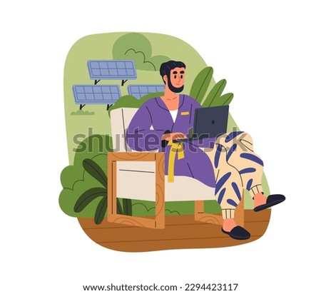 Eco-friendly lifestyle, sustainable living environment, ecology concept. Life in green home, modern house in nature with clean energy. Flat graphic vector illustration isolated on white background