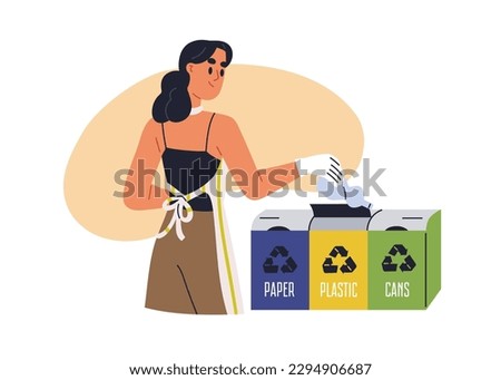 Garbage, trash sorting concept. Person throwing, utilizing plastic bottle into rubbish container, dustbin. Woman separating waste, refuse. Flat graphic vector illustration isolated on white background