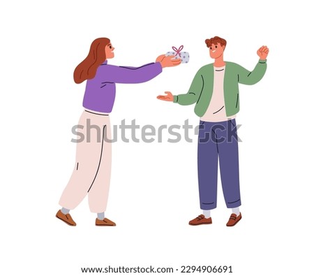 Happy woman holding festive gift box, presenting surprise to glad man. Girlfriend and boyfriend, love couple with wrapped holiday giftbox. Flat vector illustration isolated on white background