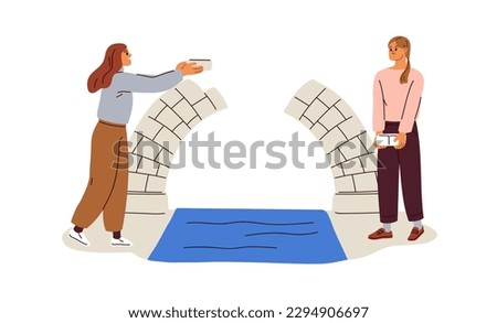 Friends building restoring relationships. Girls repairing friendship, connection at distance. Connecting, reconciling, making peace. Flat graphic vector illustration isolated on white background