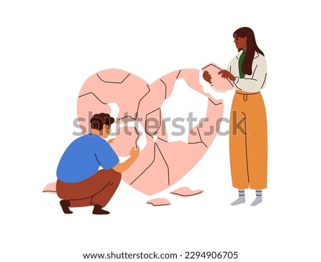 Connecting pieces fragments of broken heart. Family couple building, restoring, repairing romantic relationship and trust. Love concept. Flat graphic vector illustration isolated on white background