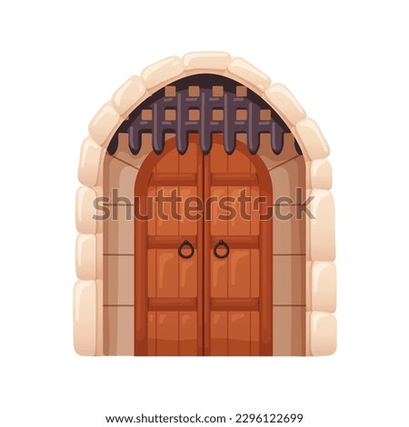 Old medieval wooden double door with metal portcullis bars. Vintage castle, fortress entrance. Historic arched entry with sliding grid. Flat graphic vector illustration isolated on white background