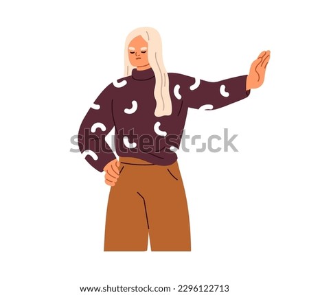Woman refusing, rejecting with hand gesture, stop sign. Girl saying no with arm, palm. Refusal, denial, negation, non-verbal mute expression. Flat vector illustration isolated on white background