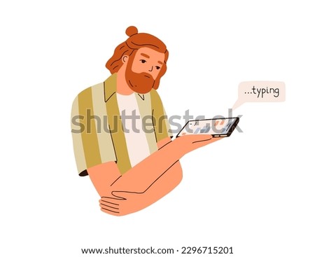 Bored person waiting for online response, answer for long time, looking at screen with TYPING message. Internet chat, texting, correspondence. Flat vector illustration isolated on white background