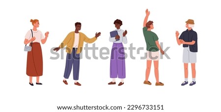 Happy people greeting with hi gesture, waving with hand. Smiling friendly excited men, women welcoming, saying hello with positive emotion. Flat vector illustration isolated on white background