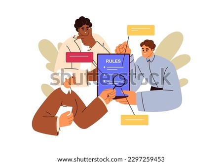 Reading new rules, corporate policy. Studying regulations, business law, code of conduct. Colleagues and regulatory document, instruction. Flat graphic vector illustration isolated on white background