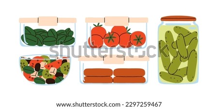 Food products and ingredients set. Fresh vegetables, tomato, spinach in container, storage boxe, pickles and brine in jar, healthy salad in bowl. Flat vector illustrations isolated on white background