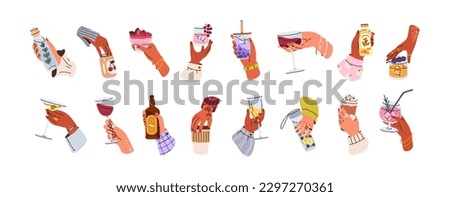 Drinks in hands set. Beverages in glass, cup, bottle, wineglass. Holding summer cocktail, water, coffee mug, beer, wine, martini and whiskey. Flat vector illustrations isolated on white background