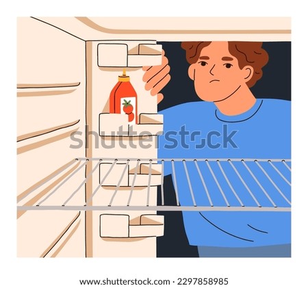 Hungry poor person looking inside empty fridge. Sad upset man with nothing to eat on refrigerator shelf. Food crisis, poverty, need, shortage, hunger, starvation concept. Flat vector illustration