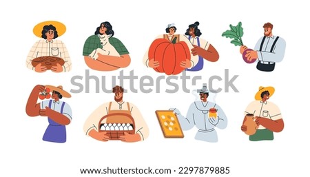 Farmers characters set. Agriculture workers holding farm food products, local vegetables, eggs, harvest, organic crops, animal, honey in hand. Flat vector illustrations isolated on white background