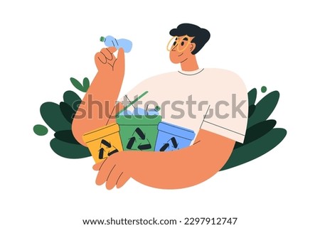 Sorting garbage, ecology concept. Person separating trash, throwing plastic bottle to containers. Man segregating, utilizing waste, rubbish. Eco flat vector illustration isolated on white background