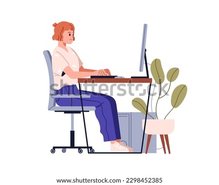 Person sitting at computer desk. Woman with correct back posture on chair, working at desktop, table. Girl at good ergonomic workplace. Flat graphic vector illustration isolated on white background