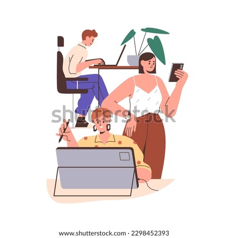 Team work in startup company. Creative workers working under business project, doing own task. Company agency workspace. Teamwork concept. Flat graphic vector illustration isolated on white background