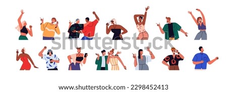 Happy people celebrating, rejoicing, having fun set. Young men, women dancing at disco party. Energetic joyful excited girls, guys. Flat graphic vector illustrations isolated on white background