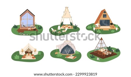 Comfortable houses for glamping, luxury glamorous camping in nature. Premium glam holiday homes, bubble, tipi. Modern stylish campsites. Flat graphic vector illustrations isolated on white background