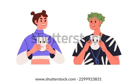 Happy smiling people revealing real feeling, showing positive attitude, love and respect, taking off neutral masks, face expressions. Flat graphic vector illustration isolated on white background